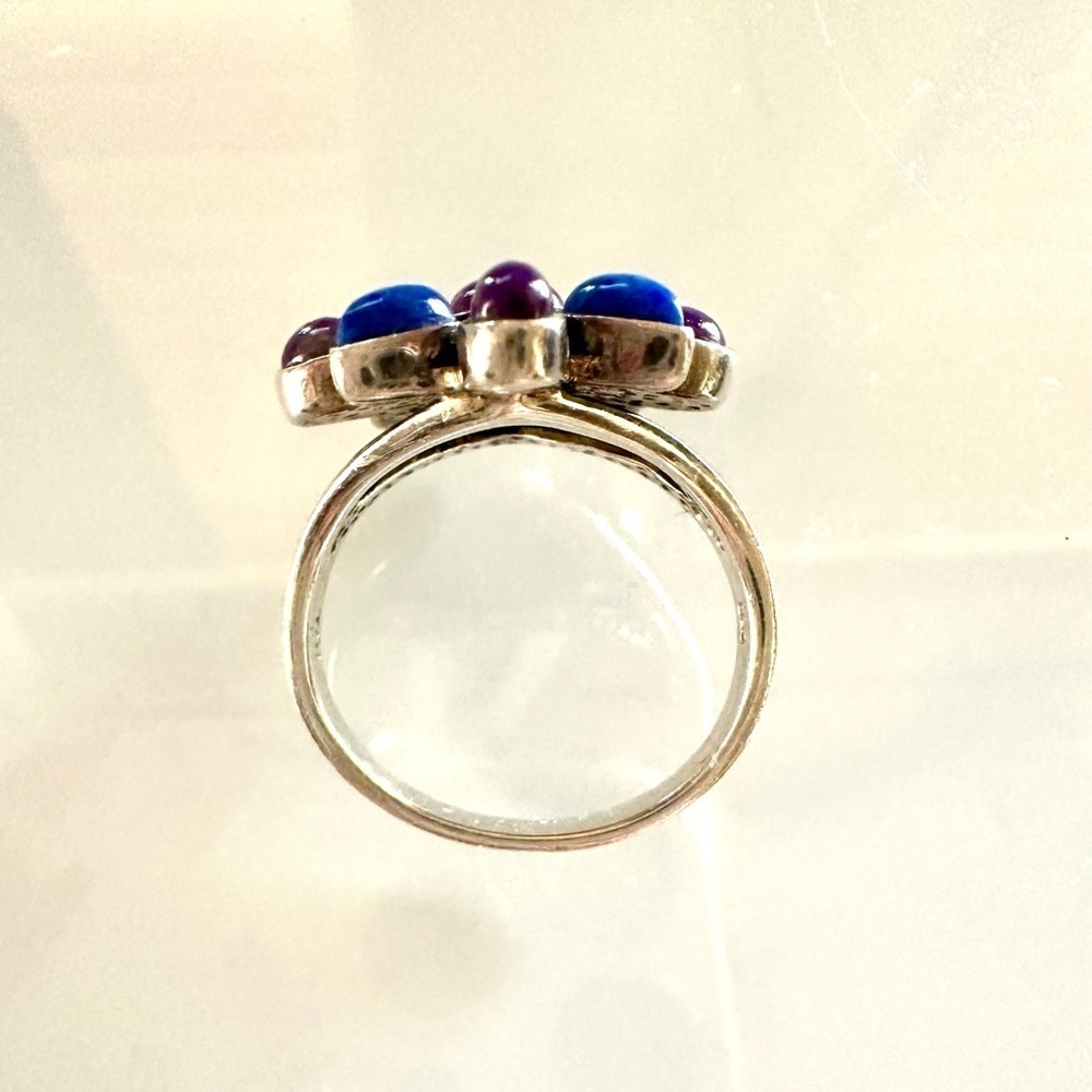 Native American Style 925 Sterling Silver Lapis & Purple Turquoise Cluster Ring - Picture 5 of 6